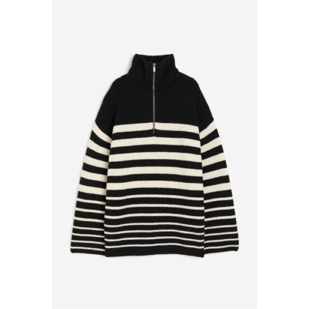 Black/Cream Striped Rib Knit Half Zip Sweater - Picture 4 of 9